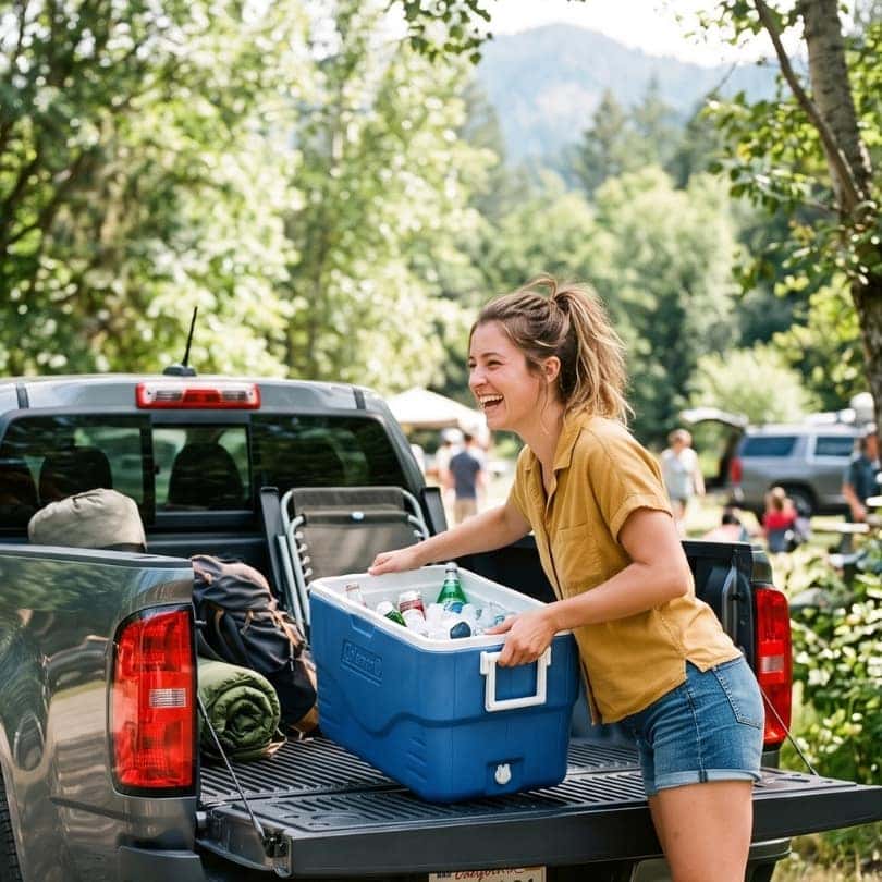 A smiling person lifts a large blue cooler into a pickup truck.
