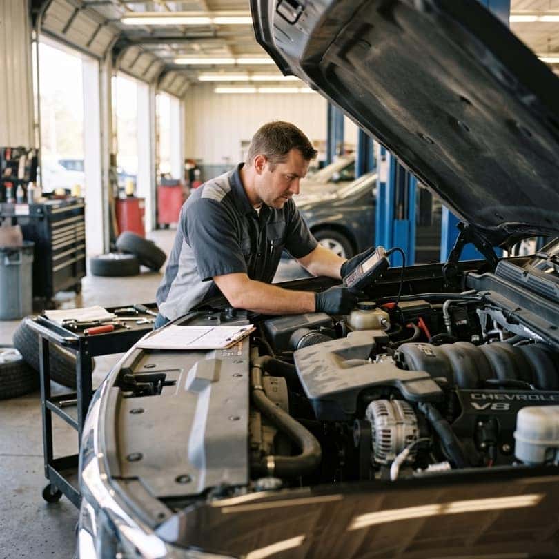 Mechanic inspecting engine