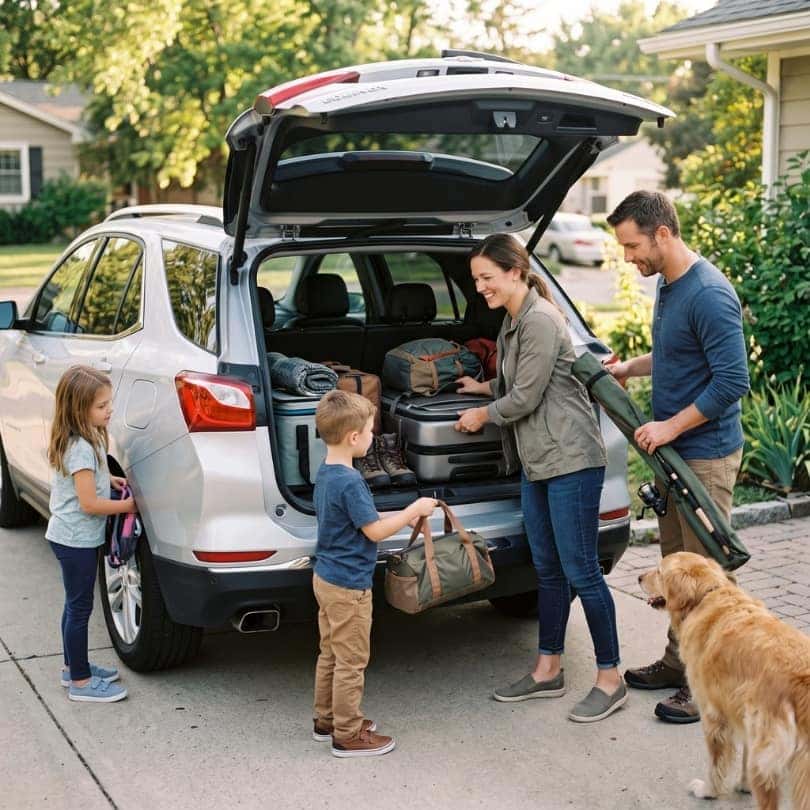 A family packs luggage and outdoor gear into the open cargo space of a Chevrolet Equinox