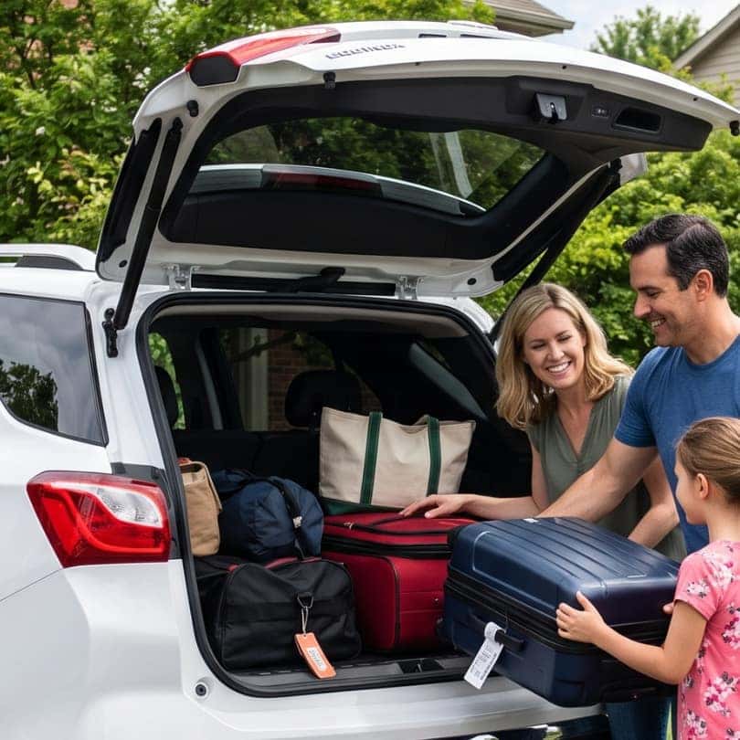 A family packing suitcases into the cargo area of a white Chevrolet Equinox.