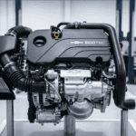 A detailed mechanical close-up of a clean Chevrolet 1.2L Ecotec Turbo engine displaying the bowtie logo on its central cover under professional lighting.