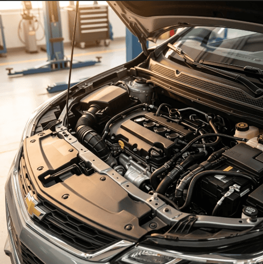 A high-quality technical close-up captures the intricate internal engine components and clean wiring within the compact engine bay of a modern Chevrolet.