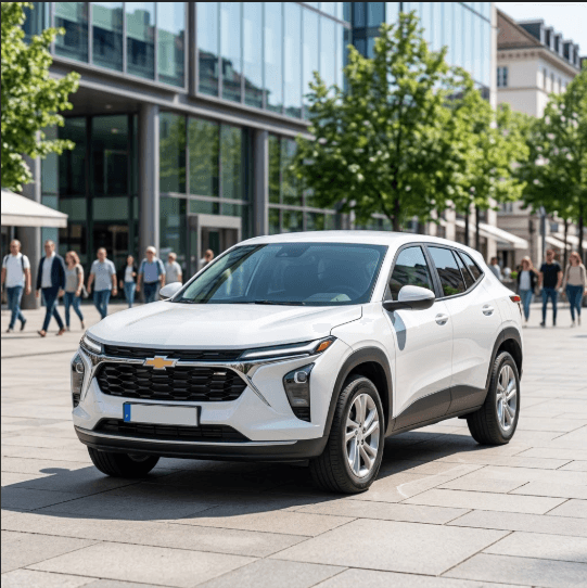 A high-quality lifestyle photograph shows a clean, modern white Chevrolet Trax parked on a European-style city square under bright daylight.