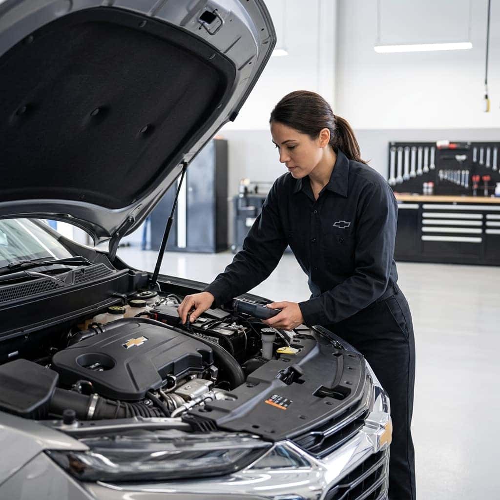 A certified technician in a Chevrolet uniform conducts a detailed inspection inside the engine bay of a modern Chevy Trax in a brightly lit service center.