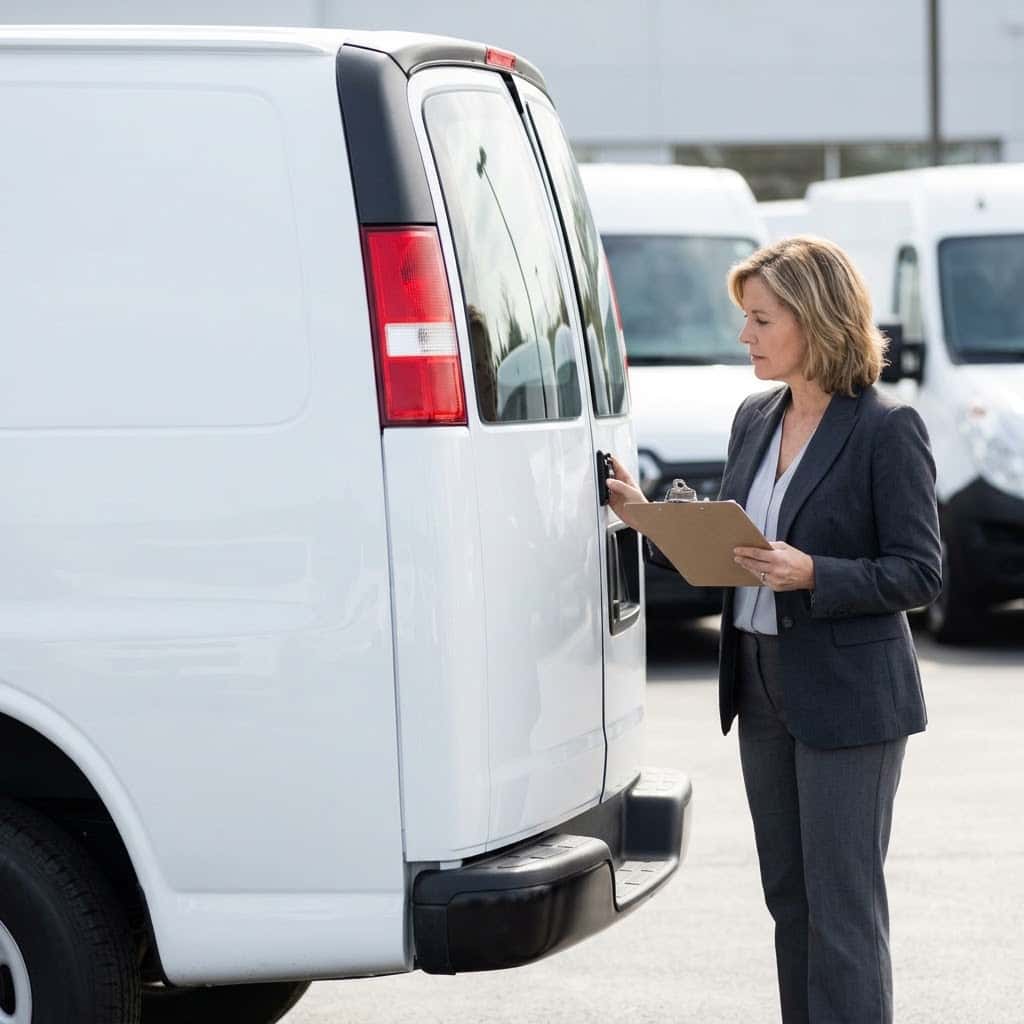 A fleet manager inspects a Chevrolet Express cargo van.