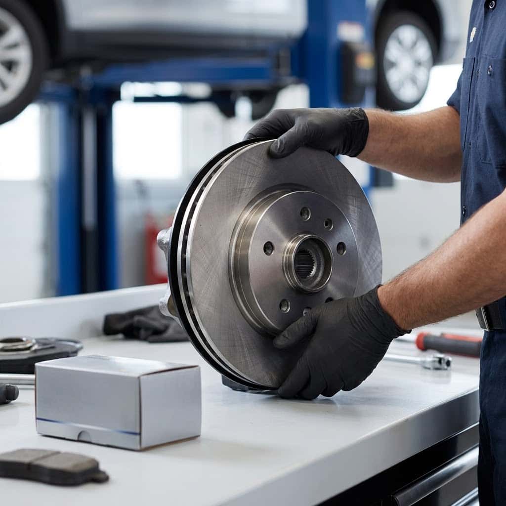 Hands of a mechanic installing a new brake rotor on a Chevrolet vehicle.