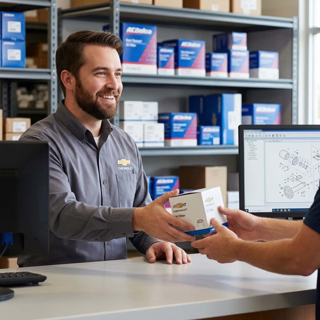 A parts specialist hands a boxed Chevrolet oil filter to a customer over a counter.