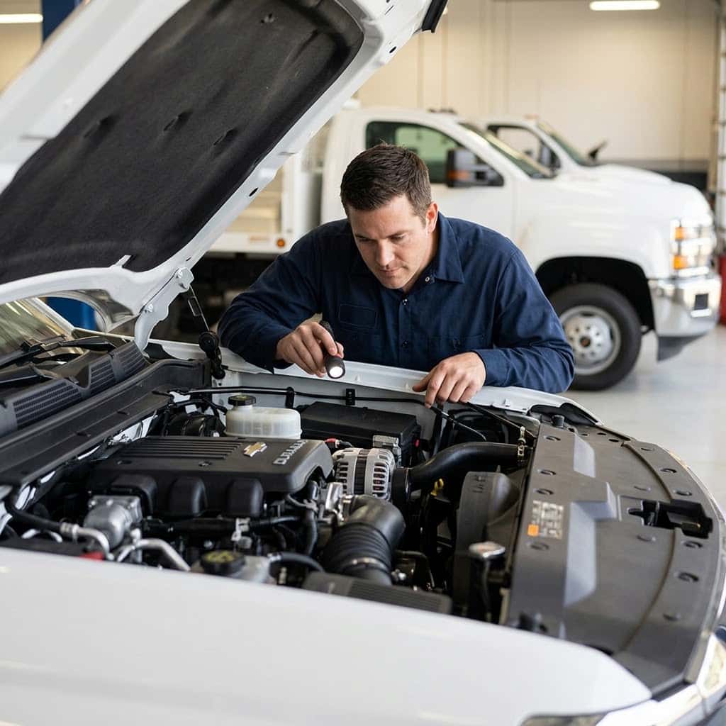 A factory-trained technician uses a flashlight to inspect the clean engine bay of a white Chevrolet commercial truck inside a service bay.
