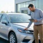 A professional automotive appraiser examines the exterior of a clean late-model sedan during a sunny day appraisal.