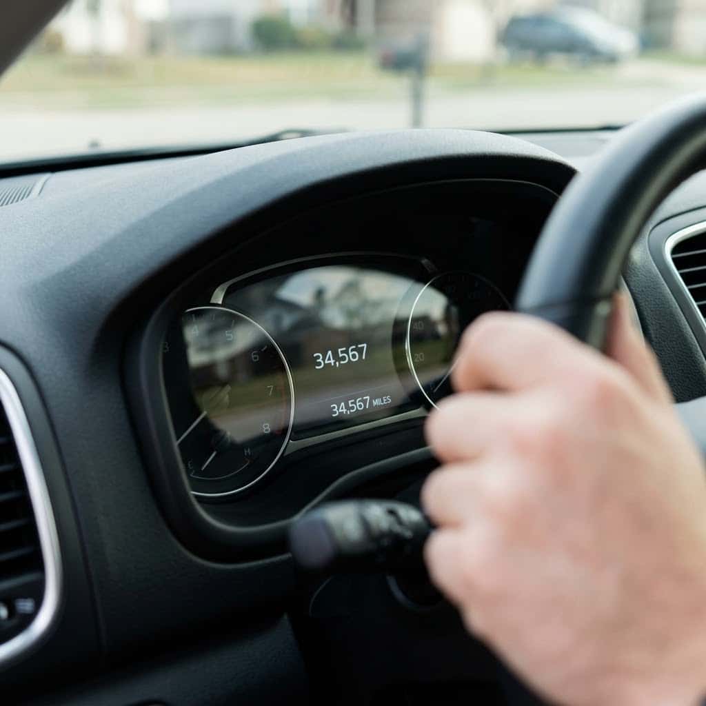 A focused close-up of a modern car's dashboard clearly displaying a low mileage reading on the odometer.