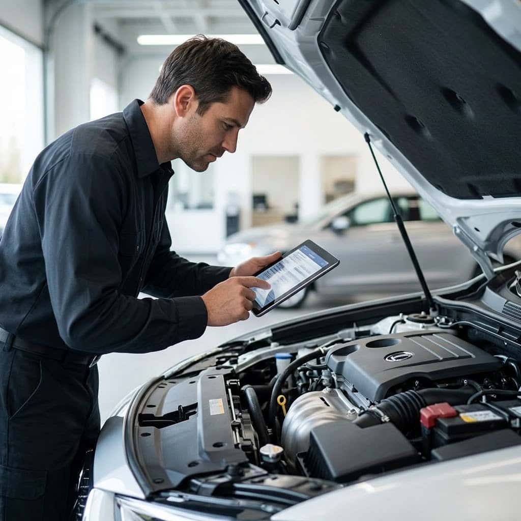 A professional technician uses a tablet to carefully inspect the pristine engine components of a late-model sedan.