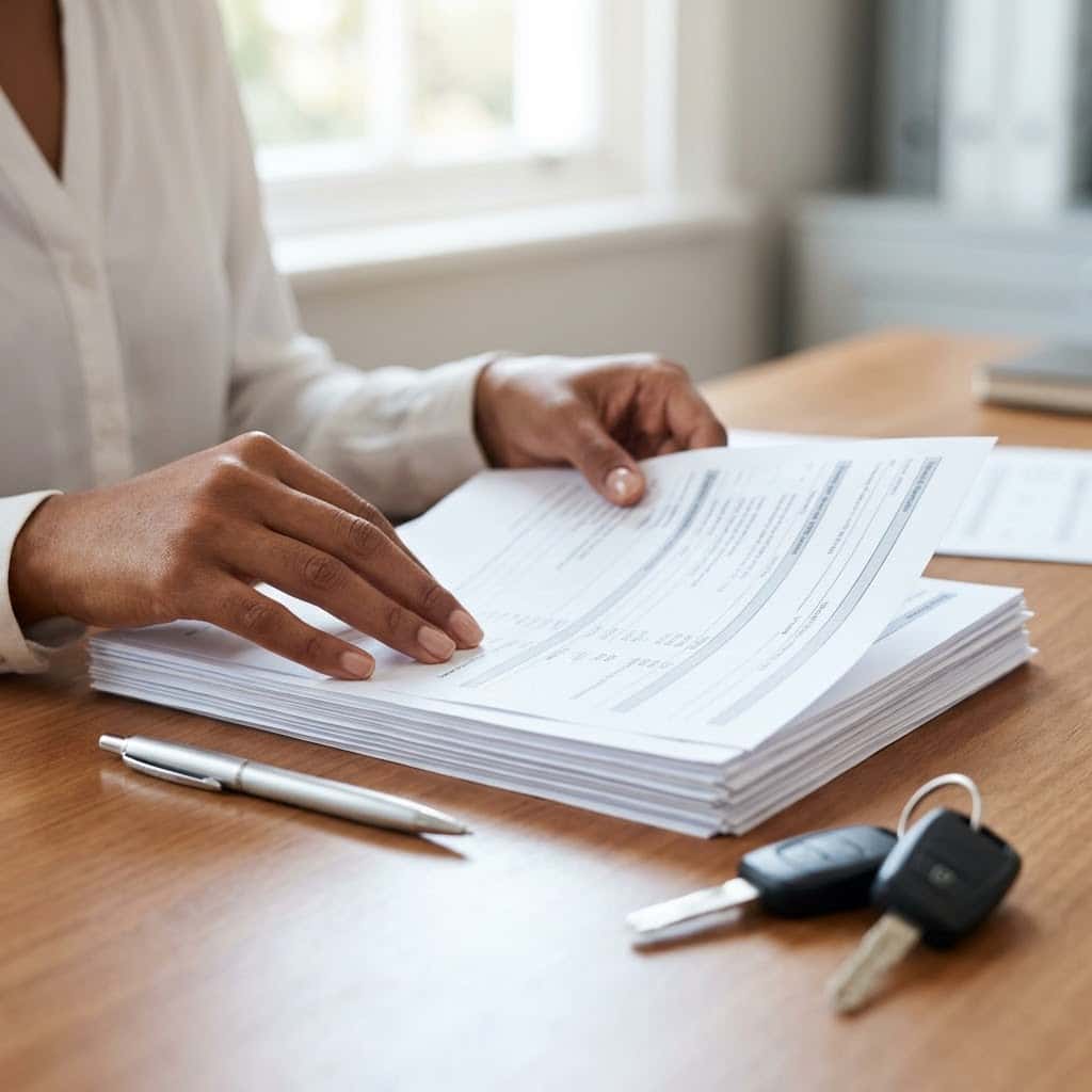 A woman’s hands neatly organize a stack of detailed vehicle maintenance history records on a wooden desk.