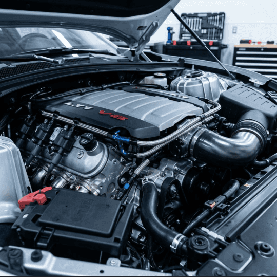 A mechanical close-up inside the engine bay of a Chevrolet Camaro highlights the powerful 6.2L LT1 V8 engine block.