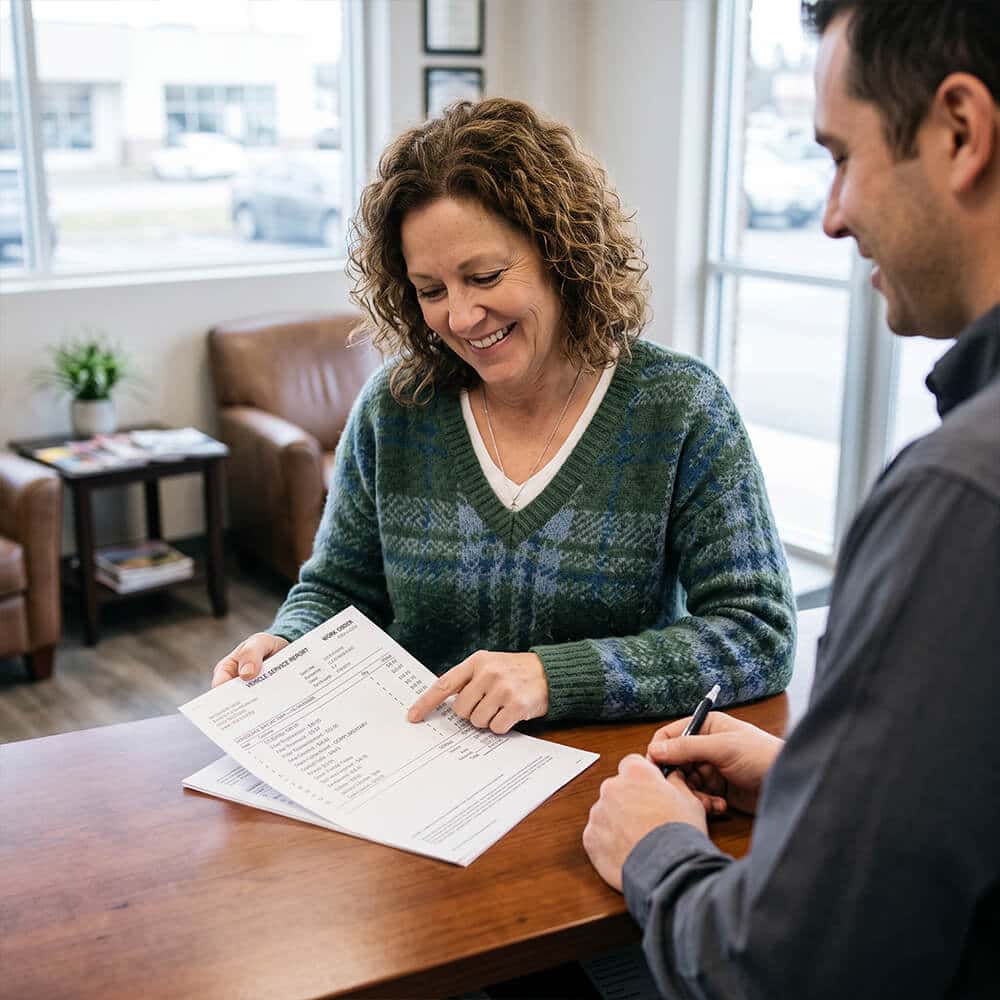 A smiling customer reviewing vehicle service documentation.