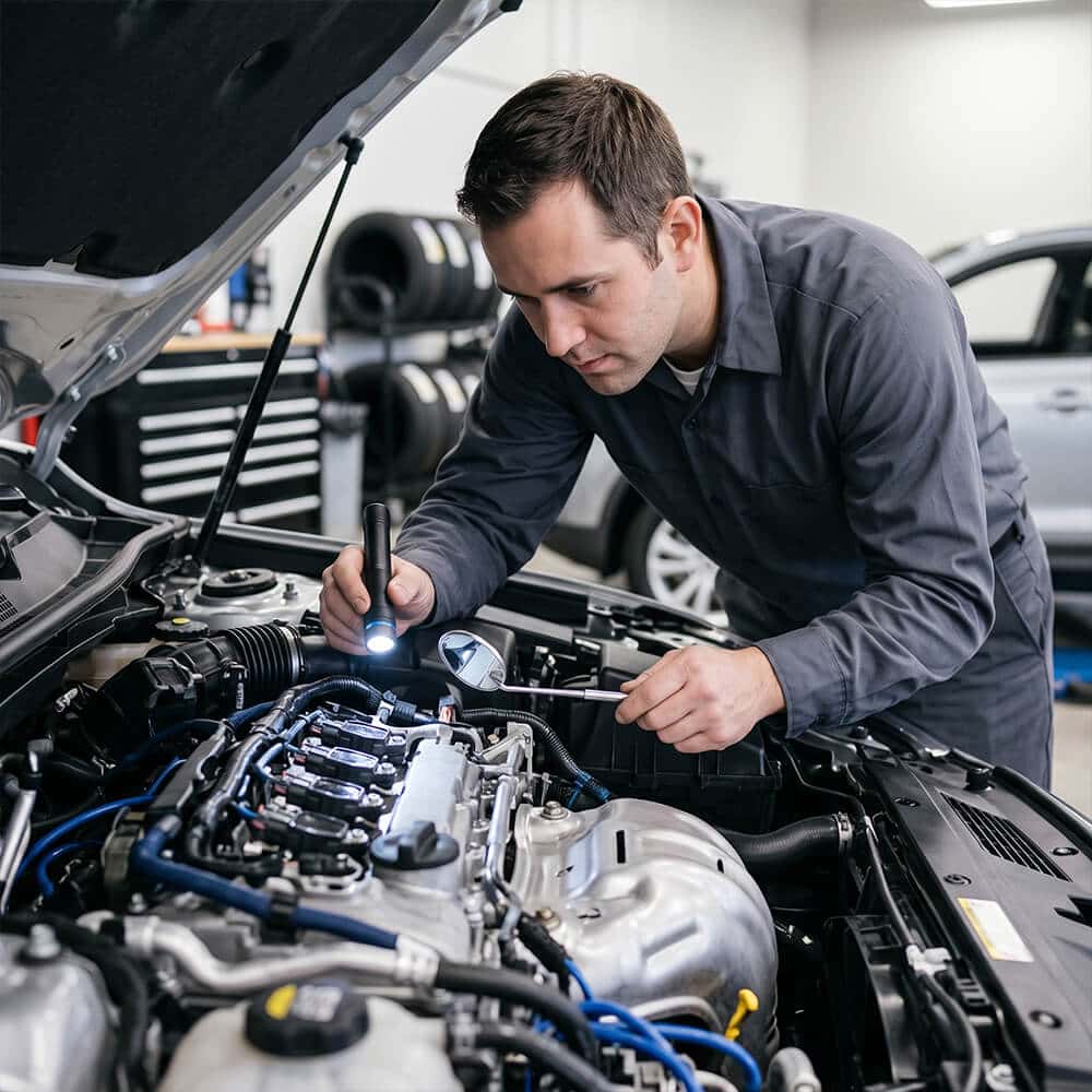 A technician performing a detailed engine inspection