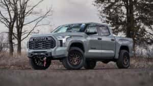 a gray Custom built Toyota truck in the woods