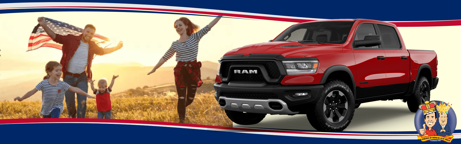 Family celebrating America with the flag and a Ram truck