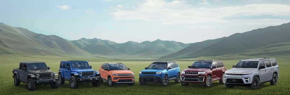 Six Jeep vehicles parked in a field with mountains in the background