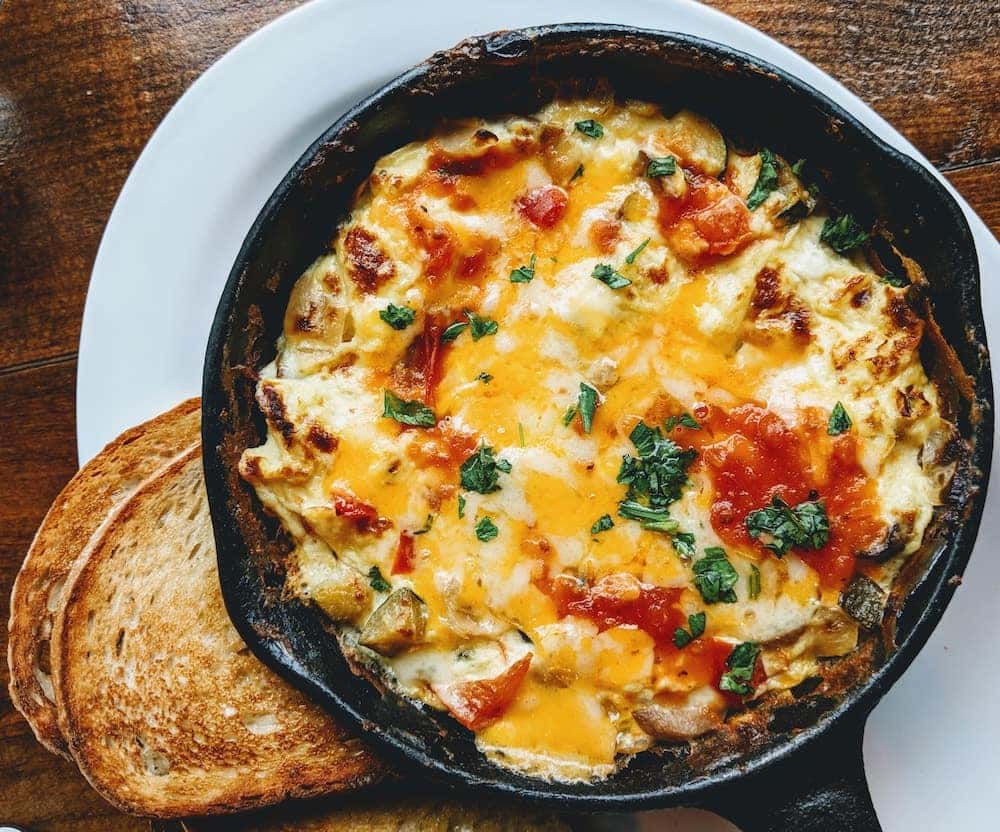 Southwest Omelette in Iron Skillet with Toast