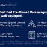 Volkswagen Certified Pre-Owned benefits graphic highlighting model-specific limited warranty coverage, 24-hour roadside assistance, 100+ point dealer inspection, and CARFAX vehicle history report.