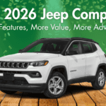 2026 Jeep Compass with a green background, highlighting its sleek design