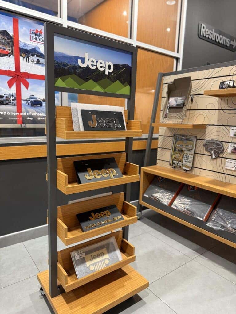 Jeep merchandise display inside Fred Martin Superstore dealership in Barberton OH