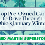 Pre-owned Jeep Grand Cherokee driving on snowy Ohio roads at Fred Martin Superstore