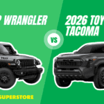 2026 Jeep Wrangler and 2026 Toyota Tacoma side by side, showcasing two popular adventure vehicles compared for off-road capability.