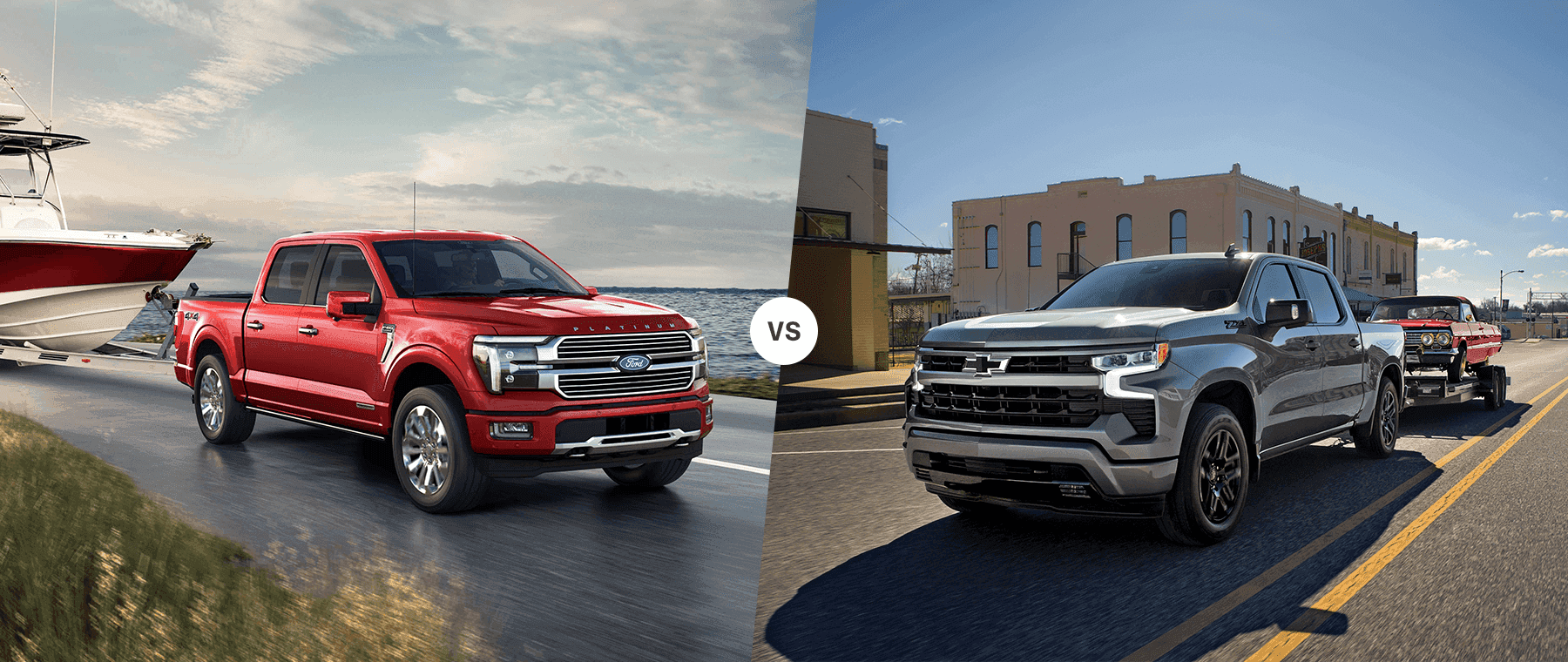 Red Ford F-150 hauling a boat vs gray Chevy Silverado hauling a classic car