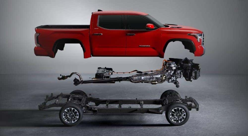 A cutaway is shown of a red 2023 Toyota Tundra for sale.