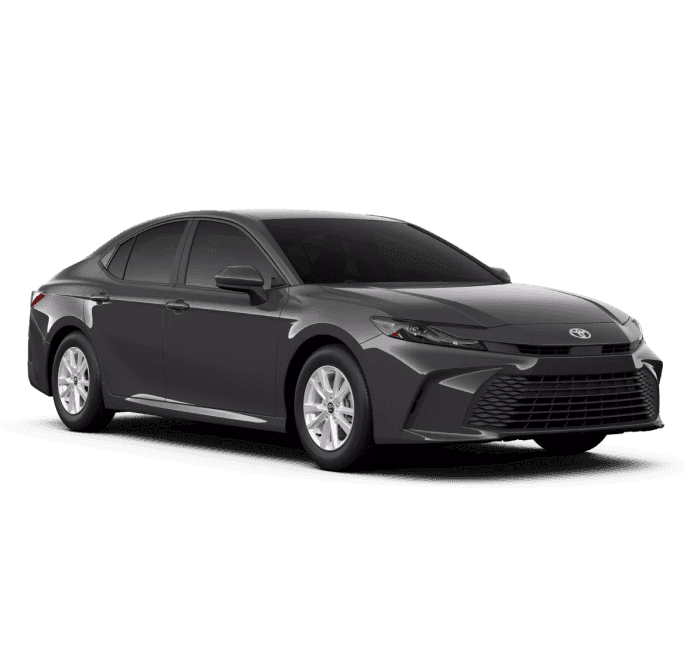 Dark gray Toyota Camry shown from a front three-quarter view with silver alloy wheels.