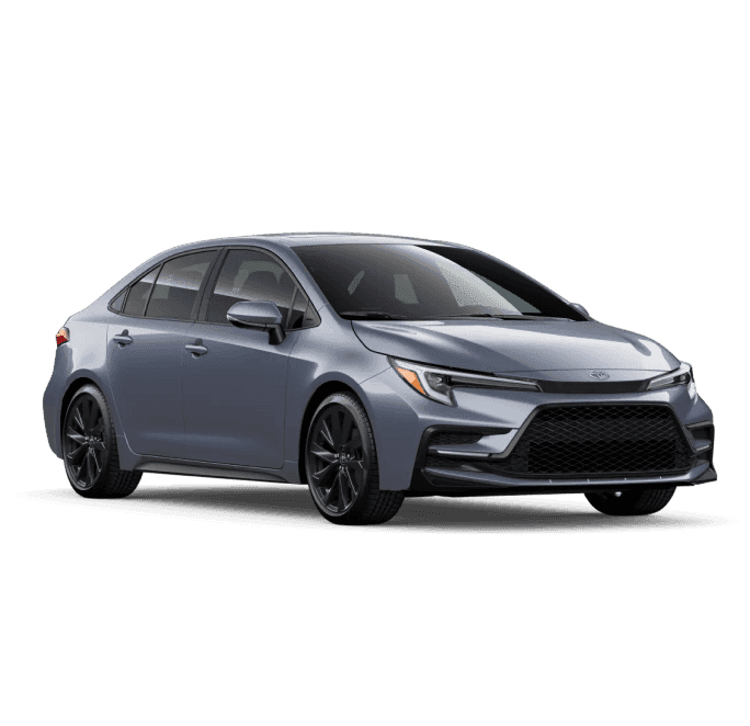 Blue-gray Toyota Corolla shown from a front three-quarter view with black alloy wheels and a sporty mesh grille.