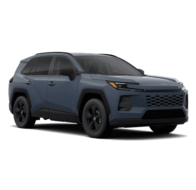 Blue Toyota RAV4 shown from a front three-quarter view with black exterior accents and black alloy wheels.