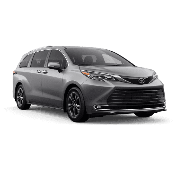 Silver Toyota Sienna shown from a front three-quarter view with chrome accents and alloy wheels.