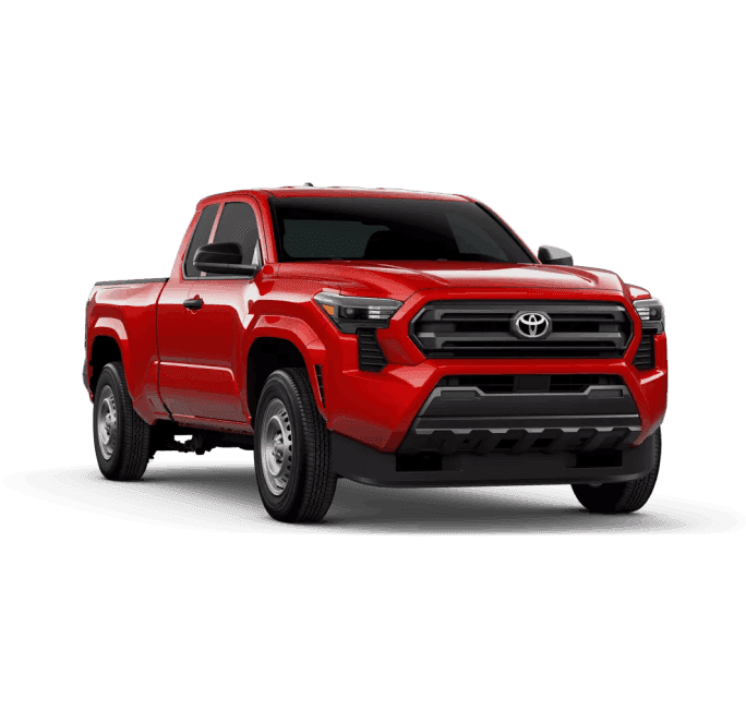 Red Toyota Tacoma pickup truck shown from a front three-quarter view with black exterior accents.