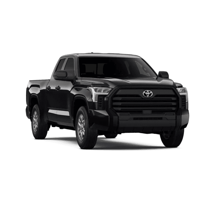 Black Toyota Tundra pickup truck shown from a front three-quarter view with a bold black grille and silver alloy wheels.