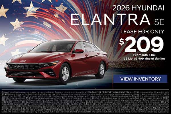 2026 Hyundai Elantra SE FW $209/mo For 36 months with $3,499 due at lease signing
