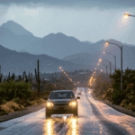 Car driving on a wet desert road with headlights reflecting, light rain falling, and mountains visible.