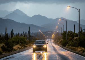 Car driving on a wet desert road with headlights reflecting, light rain falling, and mountains visible.