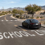 Black European sedan driving through a school zone near a crosswalk with mountains in the background