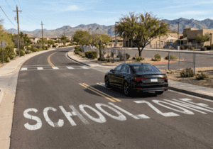 Black European sedan driving through a school zone near a crosswalk with mountains in the background