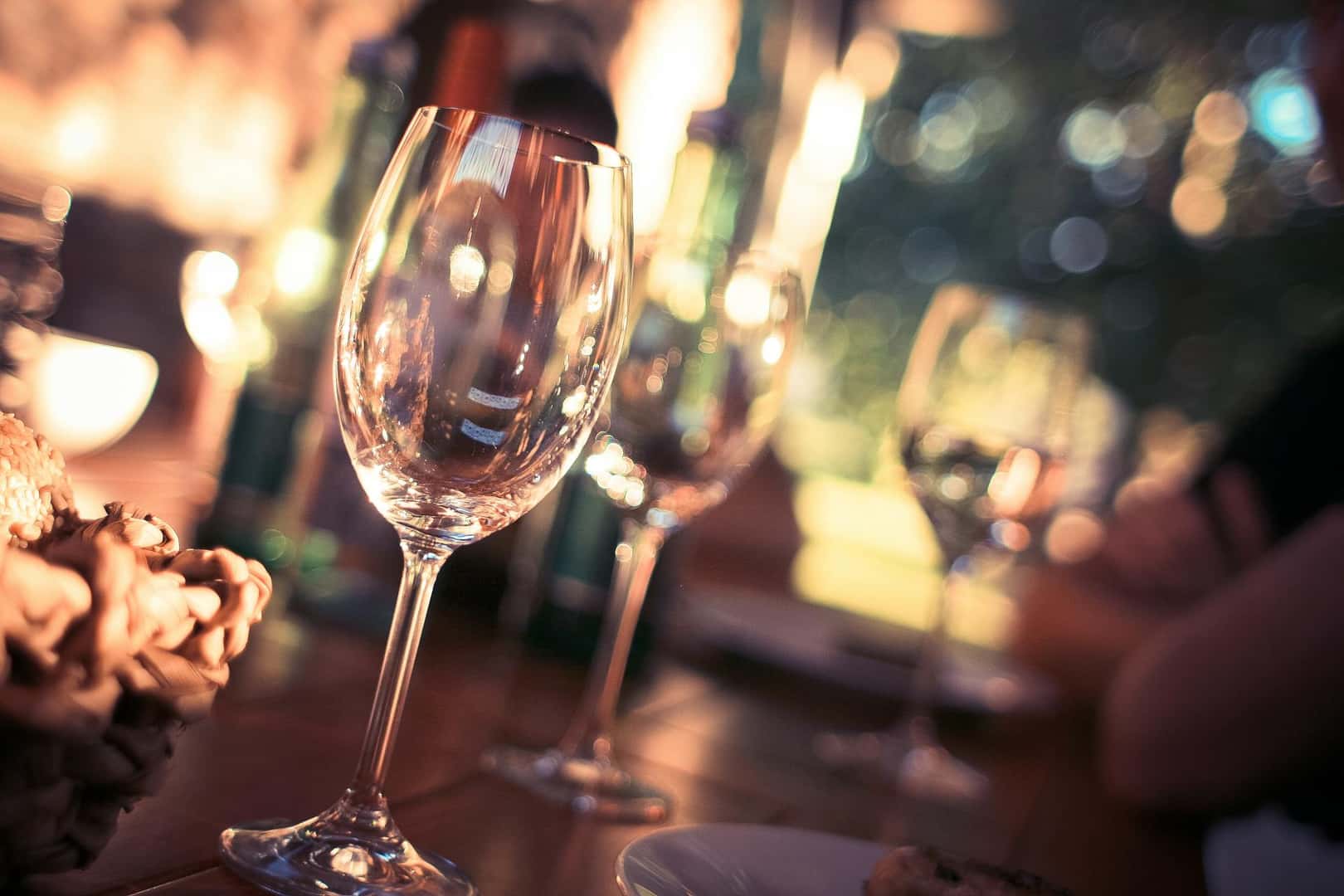 Wine glasses on a restaurant table