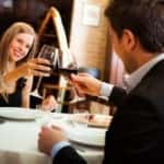 Couple toasting wineglasses in a restaurant