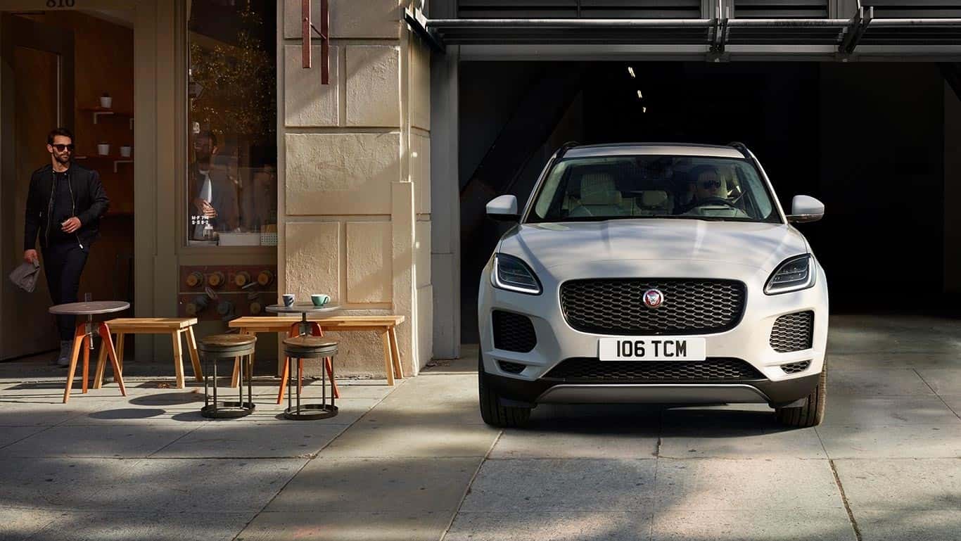 2018 Jaguar E-PACE pulling out of parking garage