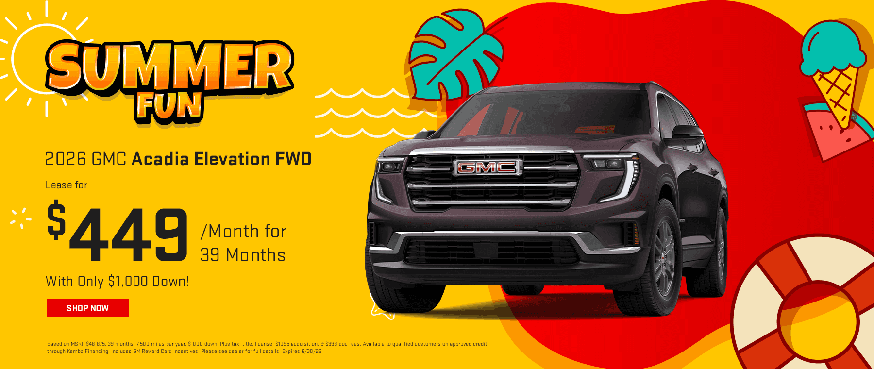 Lease A 2026 GMC Acadia Elevation FWD For $449/Month For 39 Months With Only $1,000 Down!