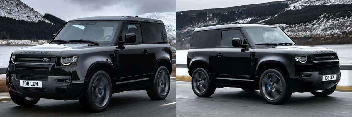 Land Rover Defender 90 SUVs Driving on a Snowy Winter Day