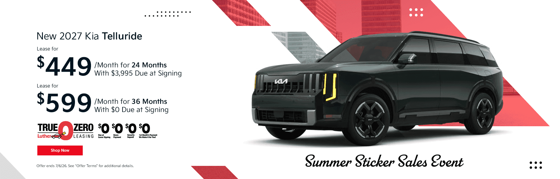 Headline New 2027 Kia Telluride Subtext Lease for $449/mo for 24 Months With $3,995 Down Payment Lease for $599/mo for 36 Months With $0 Down Payment