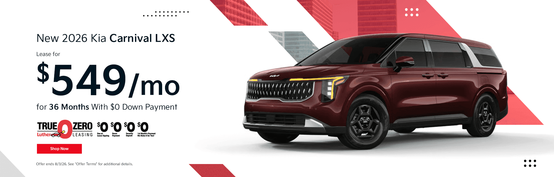 New 2026 Kia Carnival LXS Subtext:Lease for $549/mo for 36 Months With $0 Down Payment