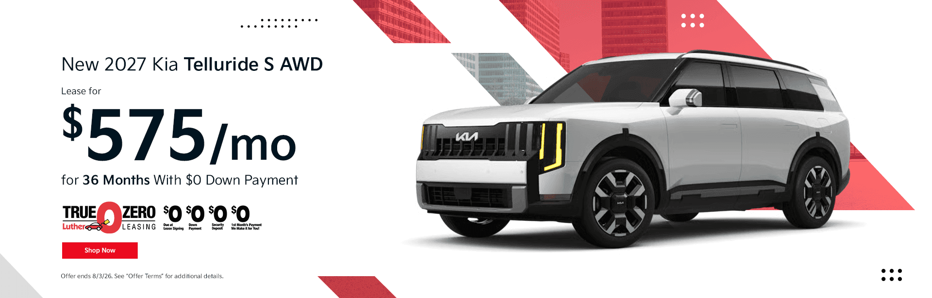 New 2027 Kia Telluride S AWD Subtext: Lease for $575/mo for 36 Months With $0 Down Payment