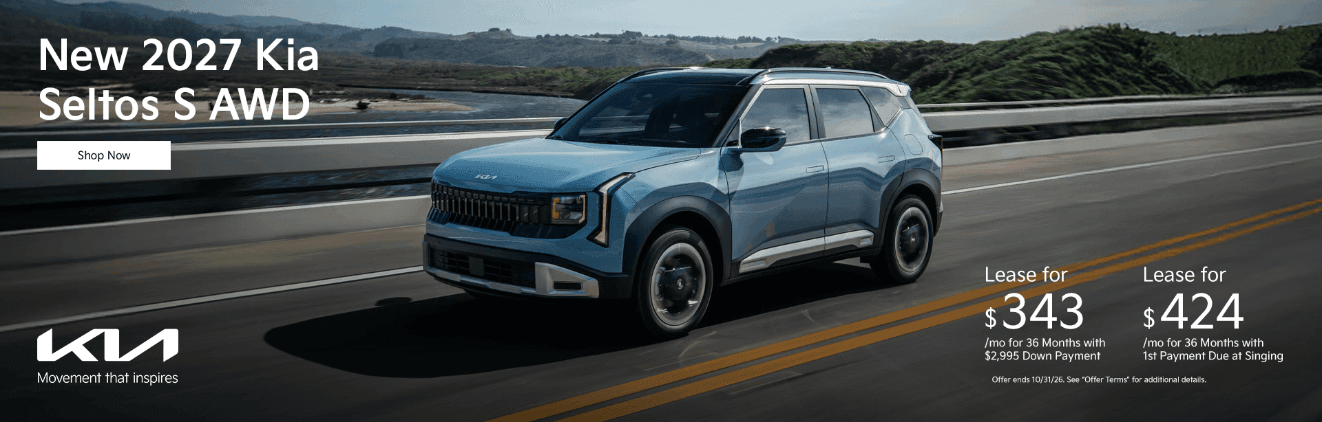 New 2027 Kia Seltos S AWD Subtext: Lease for $343/mo for 36 Months with $2,995 Down Payment Lease for $424/mo for 36 Months with 1st Payment Due at Singing
